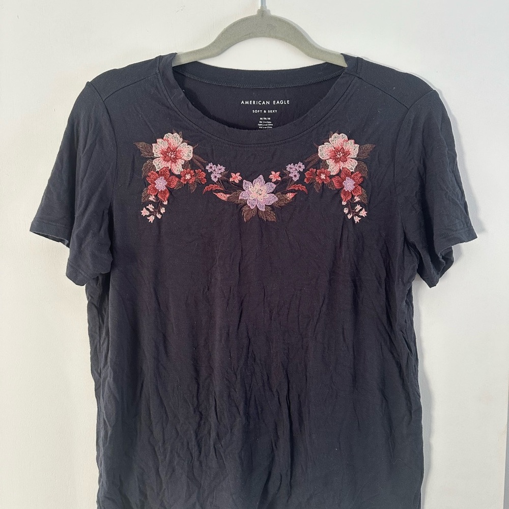 American Eagle Outfitters Black Tee with Floral Embroidery